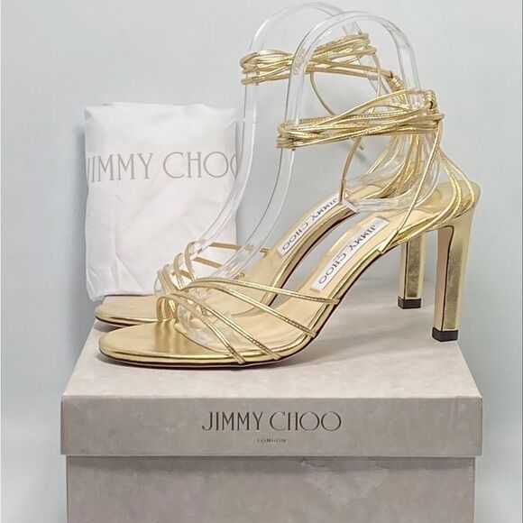 Jimmy Choo Antia Metallic Leather Ankle-Tie Sandals size 37.5 - Picture 10 of 12